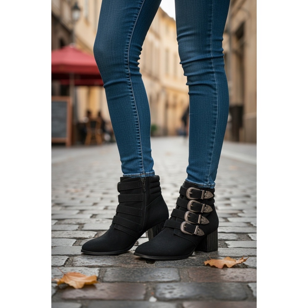 Lemon Drop by Privileged Clara Black Multi Buckle Western Ankle Boots Womens 7.5